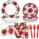 DYLIVeS Christmas Party Supplies, Christmas Poinsettia Flower Disposable Dinnerware Merry Winter Holiday Party Decorations family Xmas Paper Plates and Napkins Cups Forks Tableware Set, Serves 24
