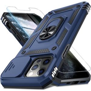 Janmitta Case for iPhone 14 Pro Phone Cover Built in Slide Camera Lens Cover+Screen Protector,Heavy Duty Shockproof Full Body PhoneCase with Finger Ring Holder Kickstand,Blue