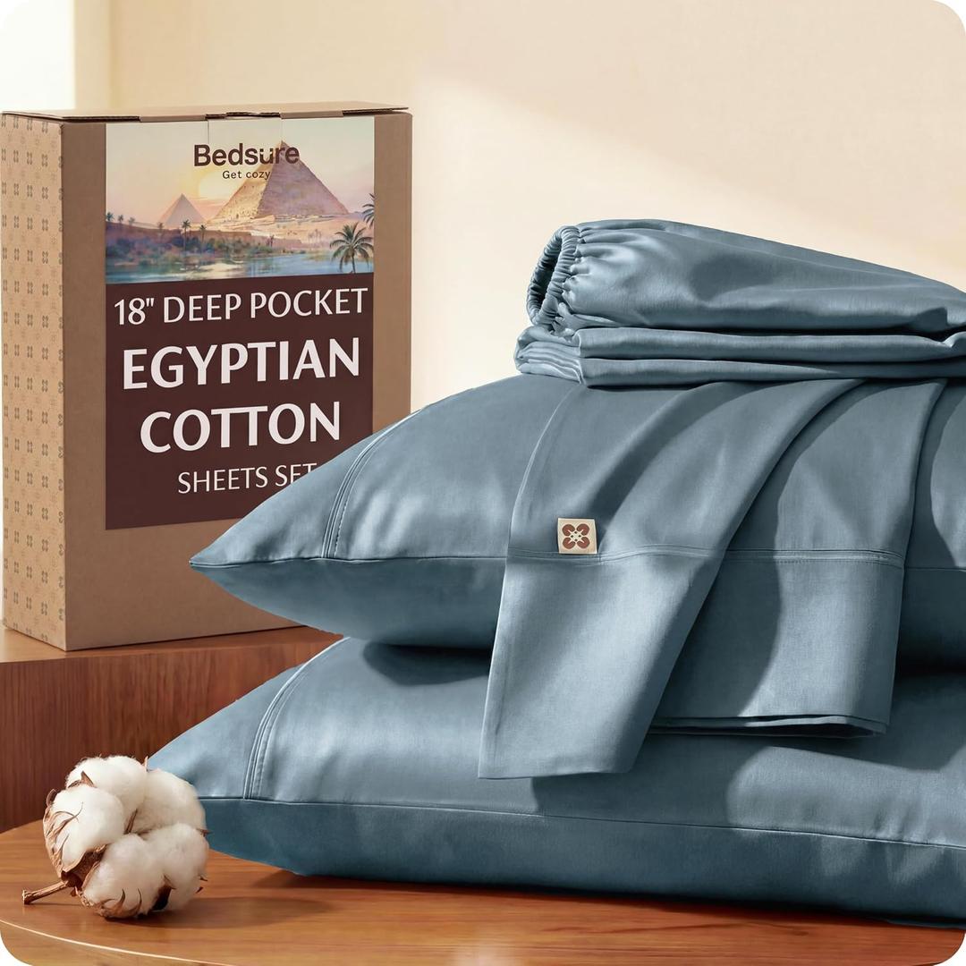 Bedsure 100% Giza Egyptian Cotton Sheets Queen Size - Luxury Hotel Sheets 18" Deep Pocket with 4 Corner Straps,PureWoven Soft & Beathable Sateen Weave Bedsheets (Dusty Blue, Queen)