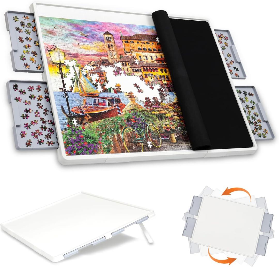 WELGEE 1500 Pieces 2-in-1 Tilting & Rotating Puzzle Board with Drawers and Cover, 35"x27" Portable Spinning Plastic Jigsaw Puzzle Table for Adults, Upgraded Lazy Susan