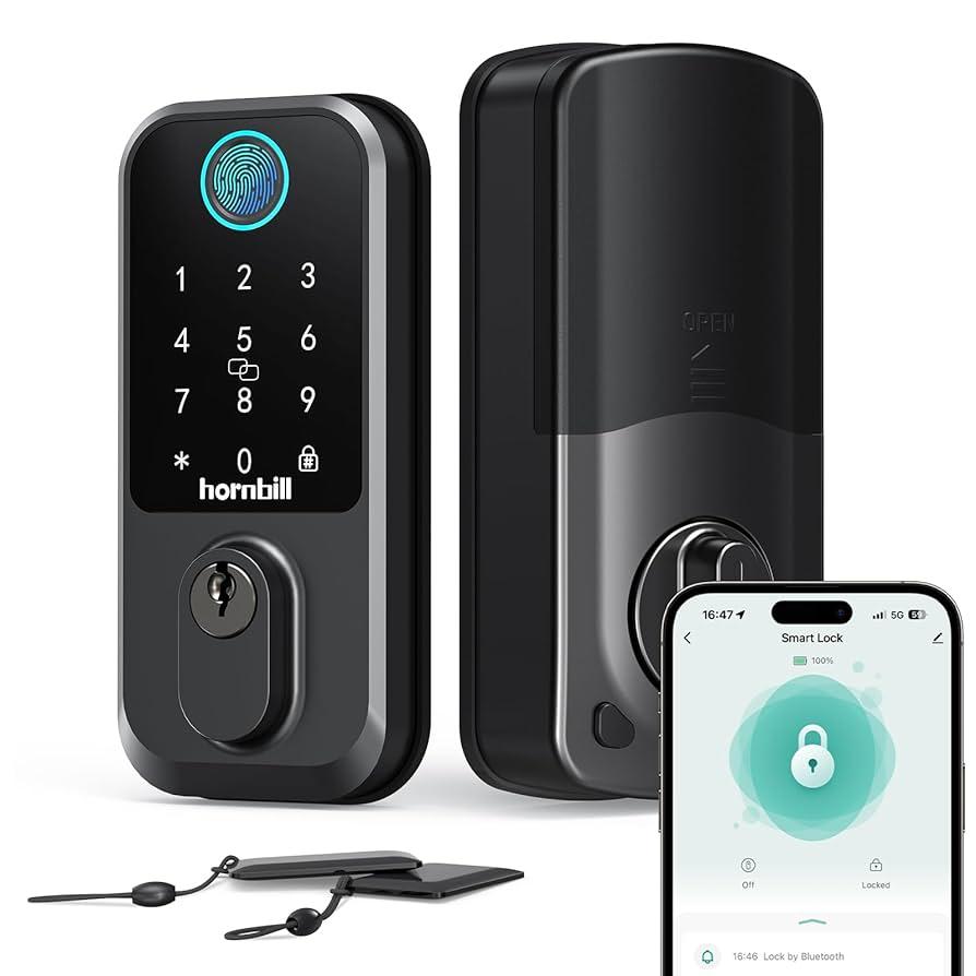 Keyless Entry Wi-Fi Smart Lock: Hornbill Fingerprint Lock for Exterior Doors, Biometric Smart Deadbolt Locks for Front Door, Keypad Deadbolt with Auto-Lock for Rentals Home, Matte Black