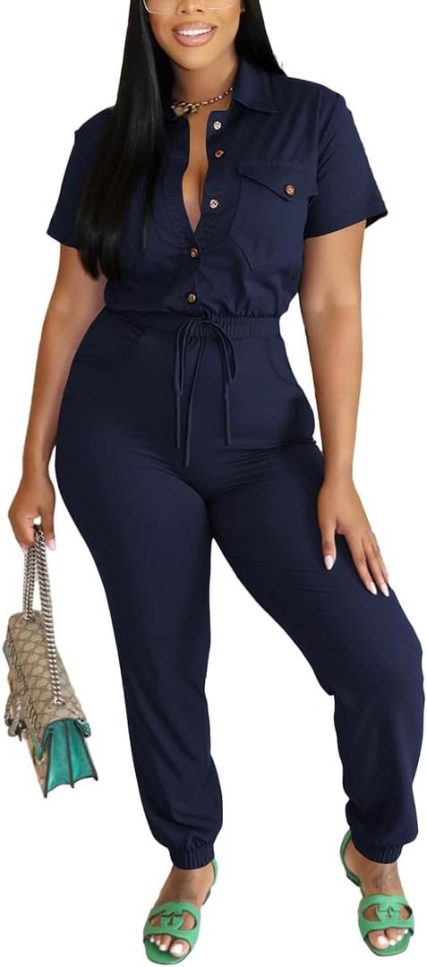 PINSV 2 Piece Outfit For Women Short Sleeve Shirt Collar Front Button Top Drawstring Jogger Pants Casual Tracksuit, 2XL