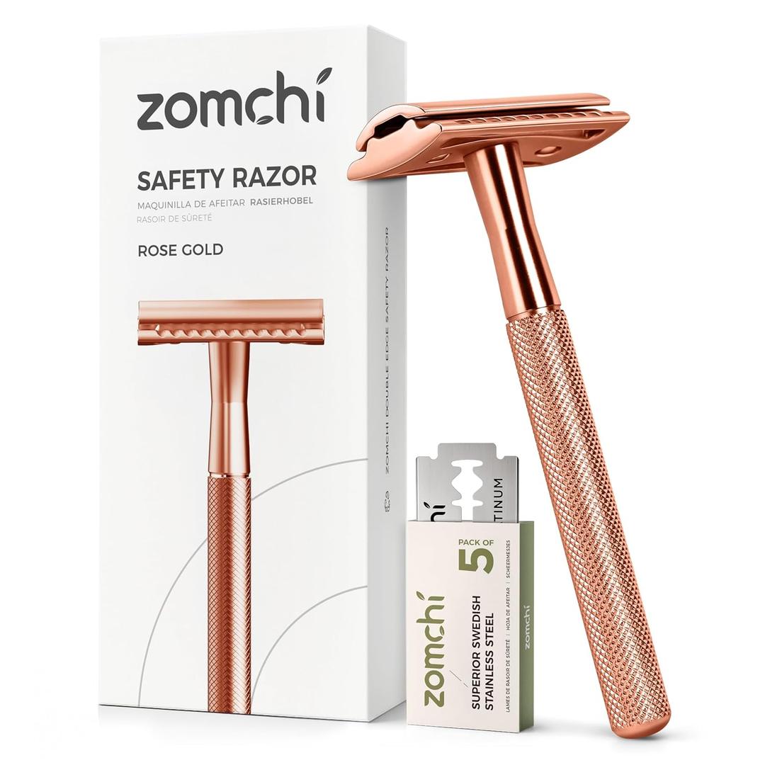ZOMCHI Safety Razor for Men&Women with 5 Double Edge Safety Razor Blades, Double Edge Razor, Reusable Razor, Plastic Free  Rose Gold (1 Count (Pack of 1))
