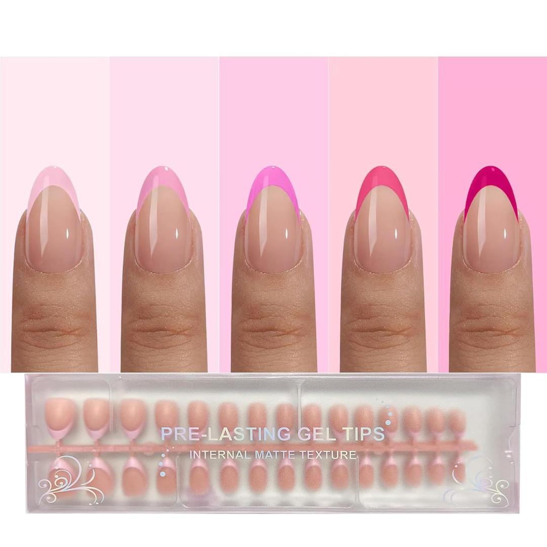 2 x Pink French Tip Press On Nails, OPkssnails 150pcs French Press ON Nails Extra Short Almond, Pre-lasting Soft Gel Nails, Soak Off Acrylic False Nails for Nail Art DIY Extension 15 Size (C2 DXR-Pink)