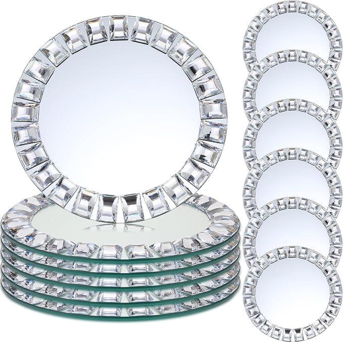 12 Pcs 12 Pcs Silver Mirrored Glass Charger Plates 13", Square Diamond Rim
Round Mirror for Wedding Dinner Tables Decoration, Crystal Diamond Edge Settings for Birthday Halloween Christmas Party Event