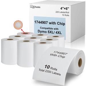 10-roll 1744907 4" x 6" Extra-Large Direct Thermal Shipping Label with RFID Chip, Compatible for DYMO Authentic LW LabelWriter 5XL 4XL Label Printers, Total 2200 Labels, White