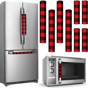 8 Pcs Christmas Refrigerator Handle Covers Christmas Decorations Indoor Cabinet Handle Covers Farmhouse Buffalo Plaid Kitchen Appliance Oven Fridge Handle Protector(Red and Black,Oblique Plaid)