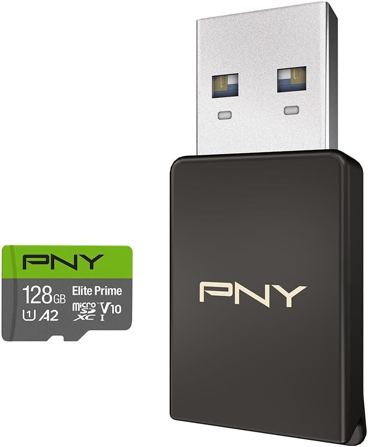 PNY 128GB Elite Prime Class 10 U1 V10 A2 microSDXC Flash Memory Card & USB 3.2 Gen 1 Card Reader - 175MB/s, Class 10, U1, V10, A2, Full HD, UHS-I, Micro SD