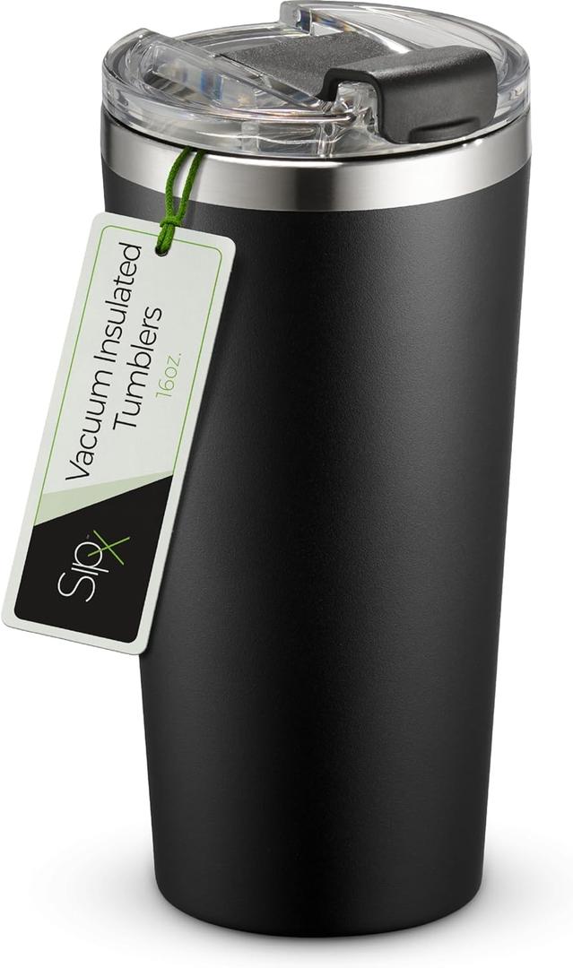 SIPX 16 oz Insulated Coffee Tumbler with Leakproof Lid  Stainless Steel, Vacuum Insulated  Keeps Drinks Hot or Cold for Hours  Cupholder Friendly Travel Mug  Black