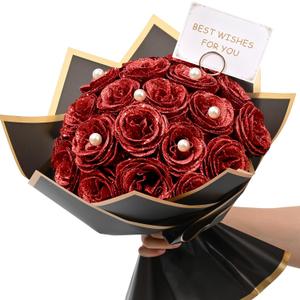 Waipfaru Red Glitter Roses Bouquet, DIY Fake Flowers Bouquet, Everlasting Shiny Artificial Rose Bouquet for Valentines, Anniversary, Engagement, Wedding, 24 Roses (24pcs)