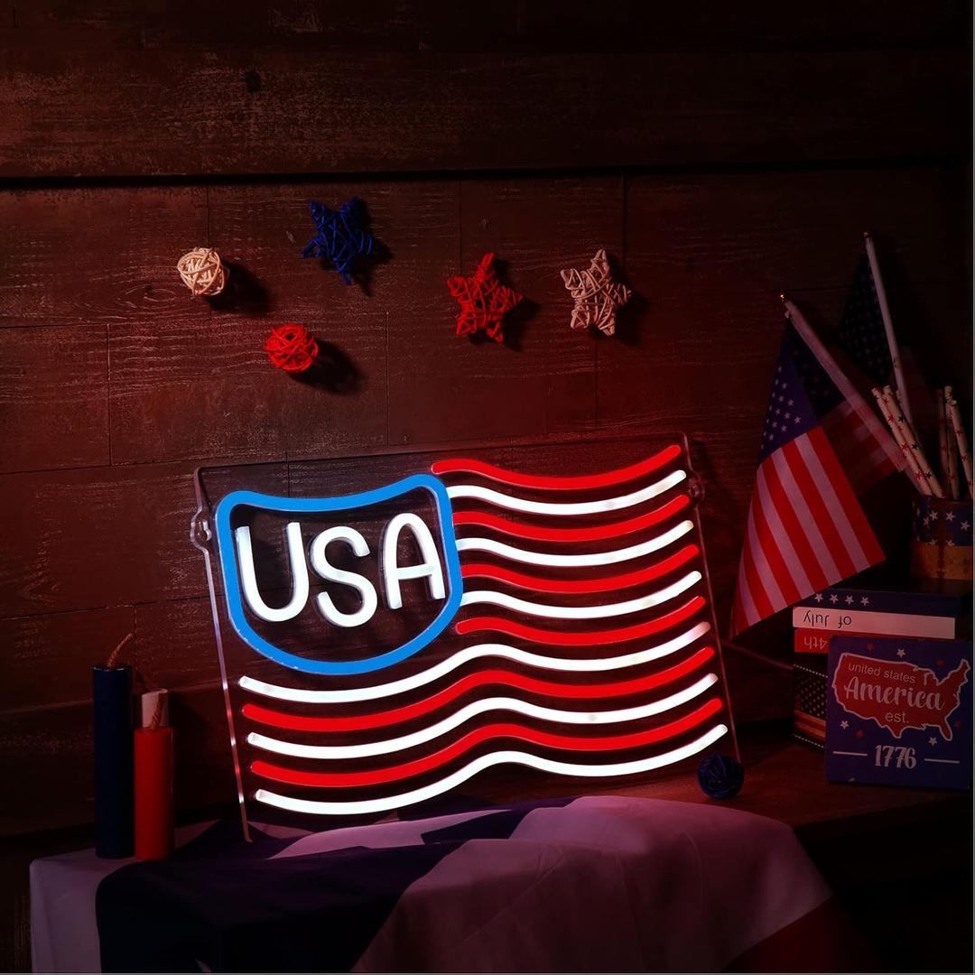 Threan 4th of July Neon Signs USA Flag LED Decorations Independence Day Light up Room Sign Patriotic Light USB Wall Living Room Decor for Home Bedroom Office Table Art Gifts