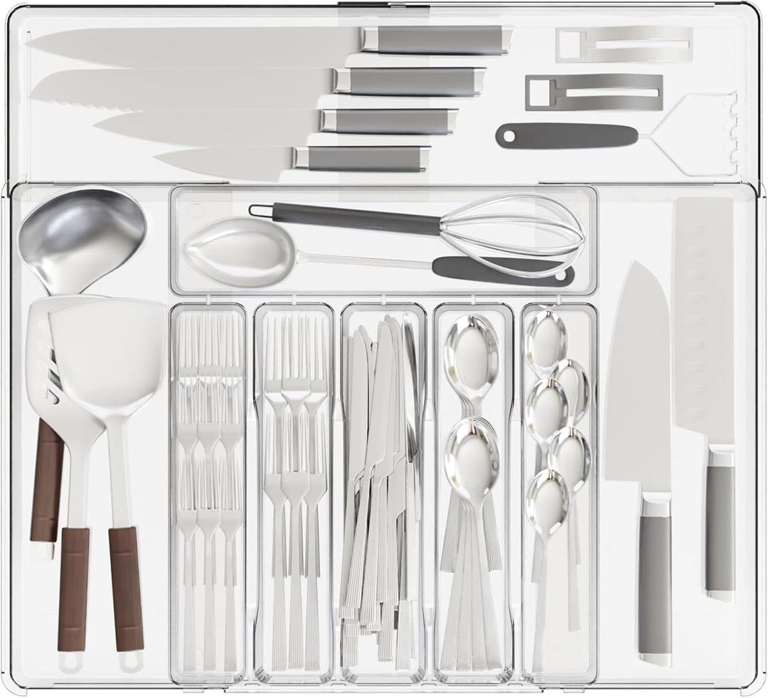 Clear Expandable Silverware Organizers for Kitchen Drawers,Large BPA Free Cutlery Organizer in Drawer,Plastic Utensil Drawer Organizer Suitable as Flatware,Knife,Fork,Spoon,Silverware Holder and Tray