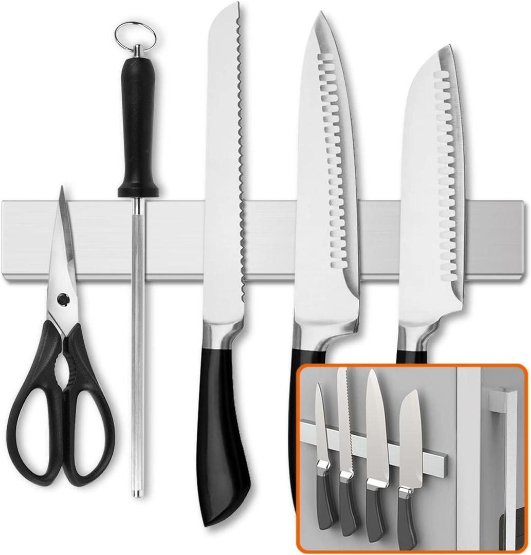Fridge Applicable 12 Inch Double Sided Magnetic Knife Holder - Stainless Steel Knife Strip With Powerful Magnetic Pull Force - Use as Kitchen Knife Holder, Knife Rack & Tool Holder - Silver