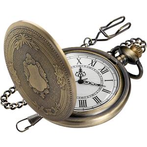 Carved Flower Quartz Pocket Watch with Quartz Movement, Pocket Watch with Chain Clip for Men