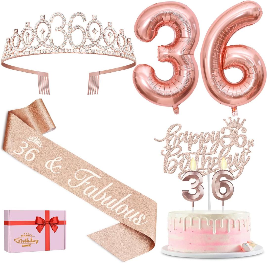 36th Birthday Decorations for Women, Including 36th Birthday Sash and Tiara, Cake Topper and Candles, Number Balloons, 36 Year Old Gifts for Women