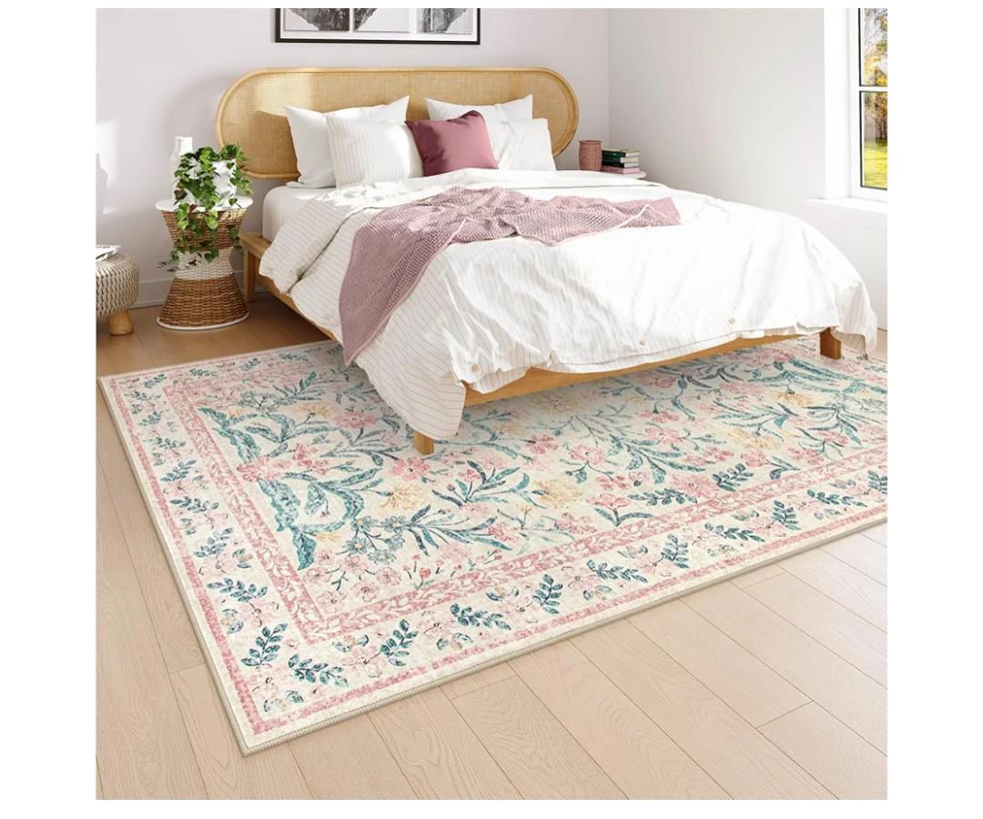 Morebes Floral Pink Rugs for Bedroom Girls, Washable 5x7 Area Rug for Nursery Decor, Indoor Soft Low-Pile Floor Boho Flower Carpet for Kids Playroom Dorm Living Room Dining Room