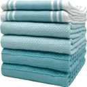 Premium Kitchen Towels (20x 28, 6 Pack) | Large Cotton Dish Towels | Flat & Terry Highly Absorbent Kitchen Linen Set with Hanging Loop | Wide Stripe Aqua