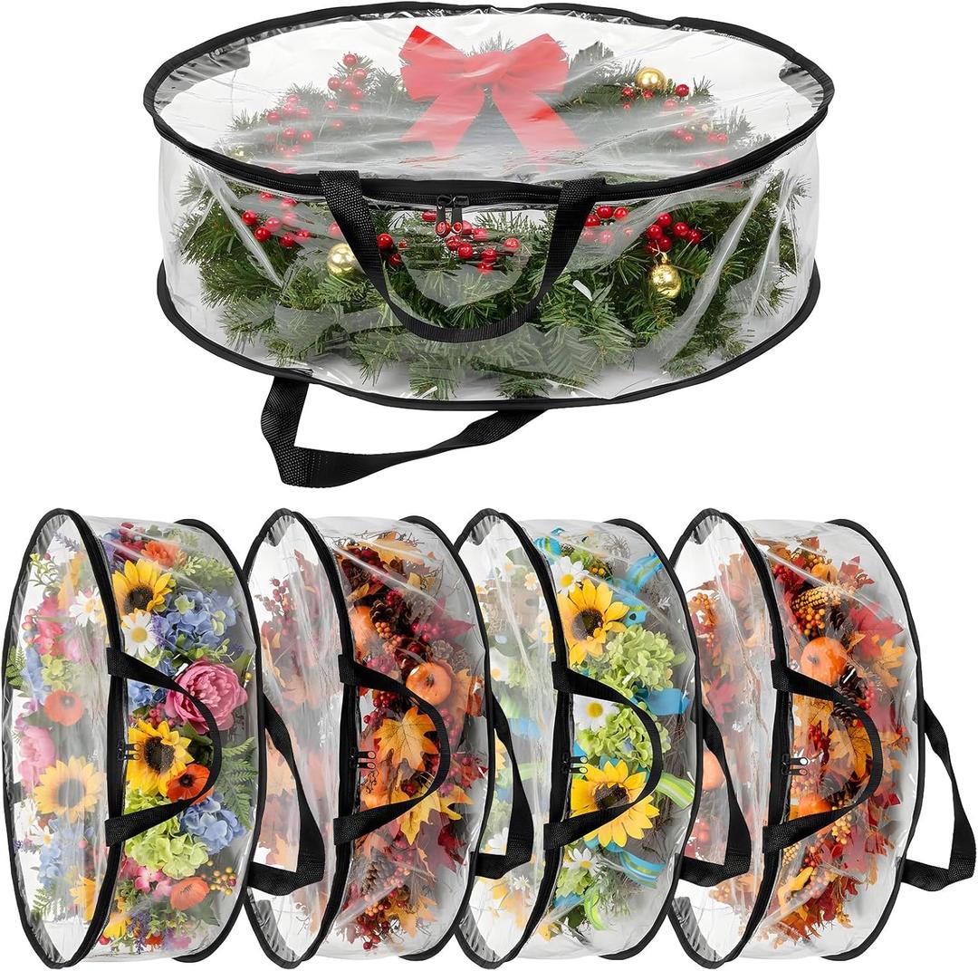 5 Pcs Clear Wreath Storage Bags, 24 x 8 Inch Round Christmas Wreaths Storage Containers with Handle Thickened PVC Waterproof Wreaths Protectors for Holiday Wreath (Black)