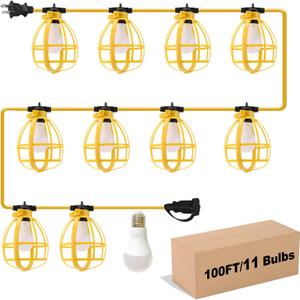 100FT Construction String Lights, 100W 11 Bulbs Work Lights with E26 Base, Construction Lights IP65 Waterproof, 8000LM 6500K Temporary Lighting for indoor Workshop, Mine cave, Job Site