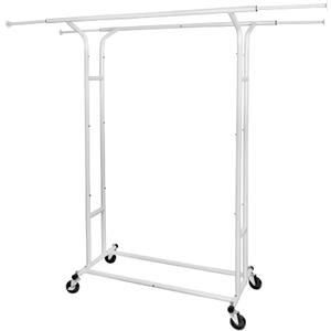 Fishat White Double Rod Garment Clothes Rack for Hanging Clothes, Rolling Organizer on Commercial Metal with Lockable Wheels Mobile Design for Coats Dresses