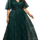 Plus Size Women's V Neck Ruffles Flutter Sleeve Embroidered Lace A Line Maxi Dress for Wedding Party Evening (1XL)