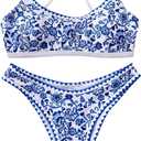Floerns Women's Floral Lace Up Bikini Swimsuit High Waisted Beach Bathing Suit (Large, Blue and White)