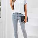 SimpleFun Womens Blouses Dressy Casual Work Tops Ruffle Short Sleeve Crew Neck Pleated Summer Shirts (White, L)