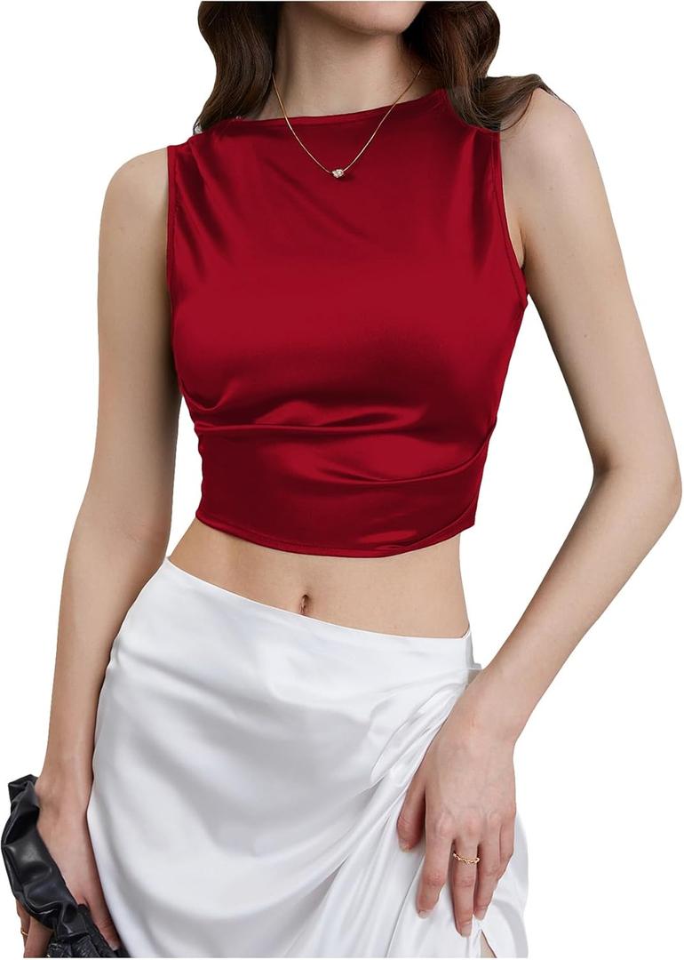 WDIRARA Women's Satin Crop Top Tie Back Backless Sleeveless Ruched Party Blouse Tops (S)