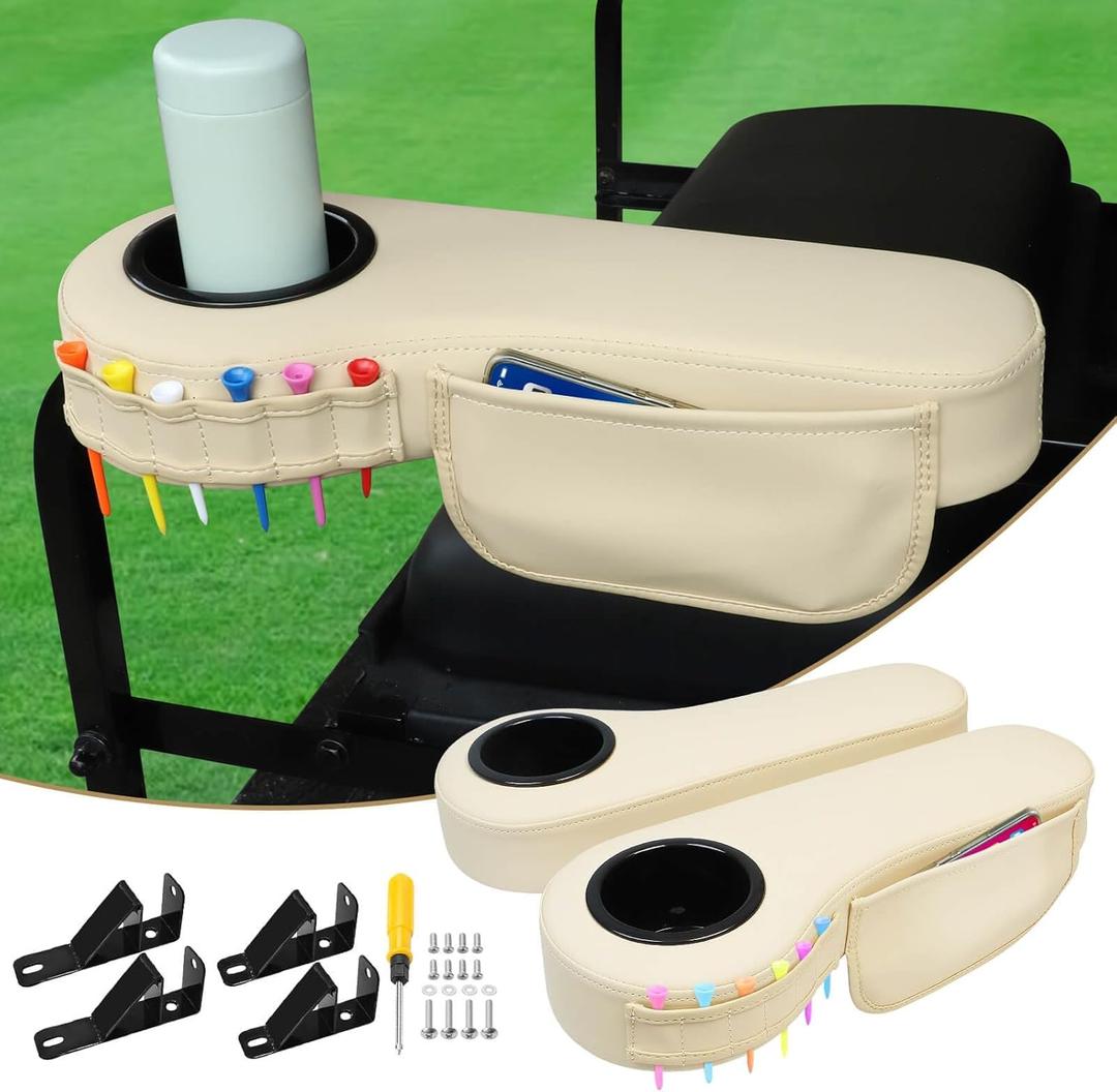 No Drilling Golf Cart Armrest with Cup Holder Phone Bag Golf Tree Holder for Rear Seat, Triangle Support Frame Fits 1" Side Square Tube EZGO Club Car DS Precedent Yamaha Golf Carts Arm Rest (Upgrade Triangle Bracket Beige)
