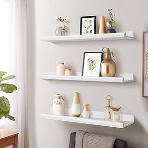 Annecy Floating Shelves Set of 3, 23.6 Inch White Rustic Wood Shelves for Wall, Wall Storage Shelves with Guardrail Design for Bedroom, Bathroom, Kitchen, Office, 3 Different Sizes
