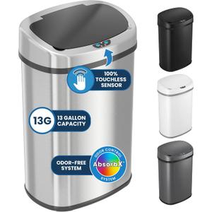 iTouchless 13 Gallon Oval Sensor Can with Odor Filter, 50 Liter Automatic Kitchen Garbage Bin, Fingerprint-Proof Stainless Steel, Smart Hands-Free Motion Lid, Quiet Soft-Close, Brushed Silver (Light Silver, Black)