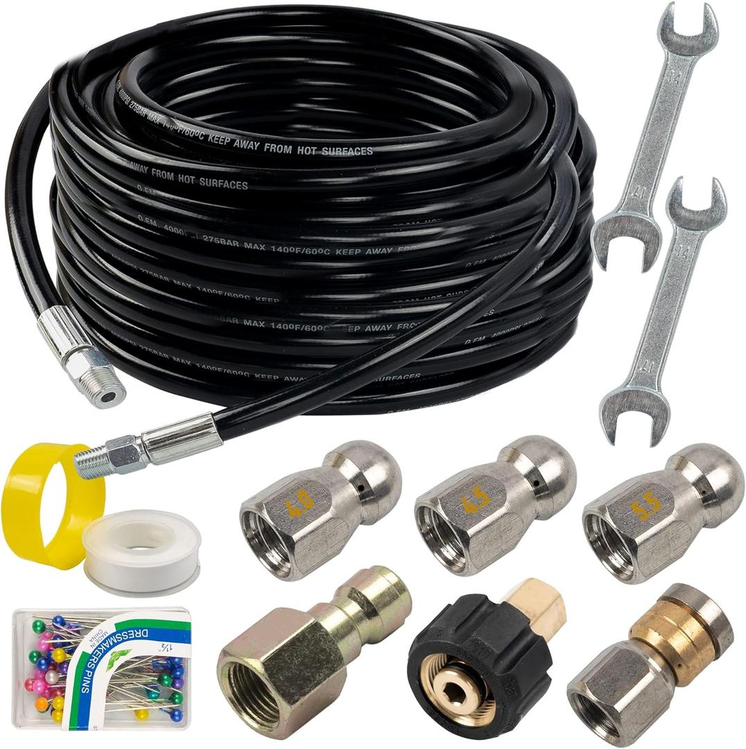Hourleey Sewer Jetter Kit for Pressure Washer 50FT, Drain Cleaner Hose 1/4 Inch NPT, Orifice 4.0 Button Nose and Rotating Sewer Jetting Nozzle Spanner Tape Pearl Corsage Pin, 4000 PSI