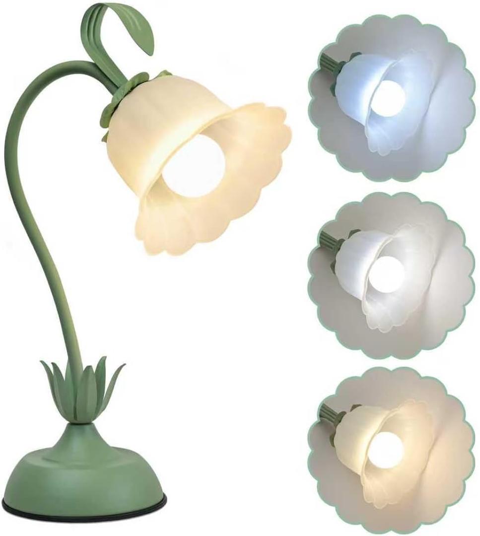 Tulip Flower Table Lamp, 3 Color Temperature Flexible Gooseneck Cute Small Desk Lamp for Bedroom, Vintage Nightstand Bedside Lamps for Living Room, Dorm, Office, Home Decor (Tulip Green)