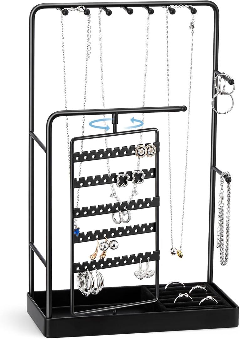 ProCase Jewelry Stand Holder Organizer, Jewelry Display Storage with Ring Tray, Rotating Earring Bracelet Necklace Holder, Valentine's Gifts Room Dorm Decor for Teen Girls -Black (No-Assembly)