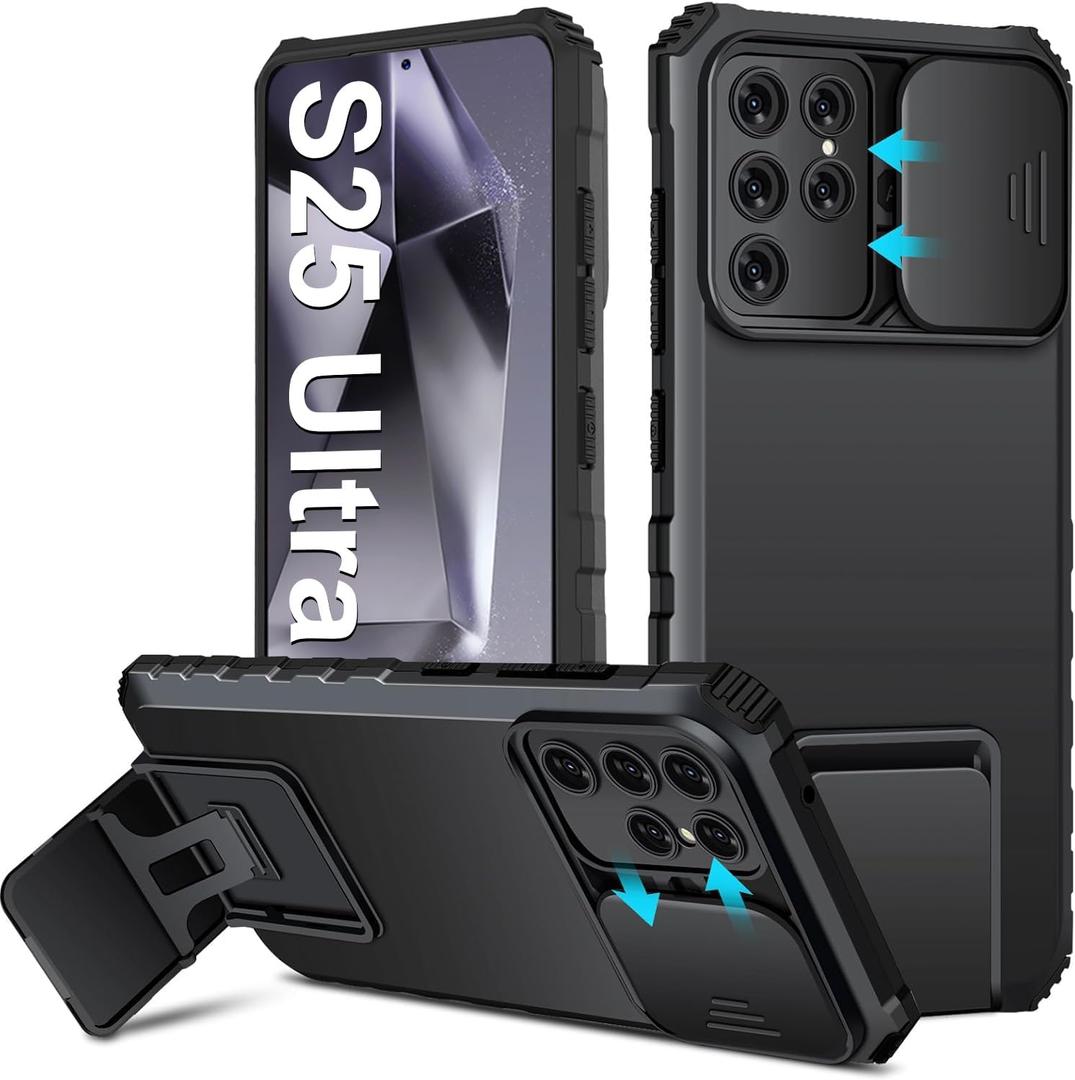 S25 Ultra Case Compatible for Samsung Galaxy S25 Ultra 5G, Slide Camera Cover Lens Protection, Military-Grade Shockproof Phone Case with Kickstand Rugged Protective Cover for Samsung S25 Ultra (Black)