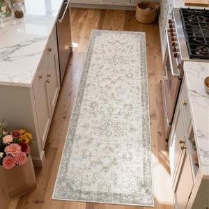 jinchan 2x6 Vintage Runner Rug for Hallway Washable Kitchen Runner Floral Distressed Design Non Slip Thin Indoor Floor Cover Low-Profile Throw Carpet for Entryway Bathroom Bedroom Porch, Taupe