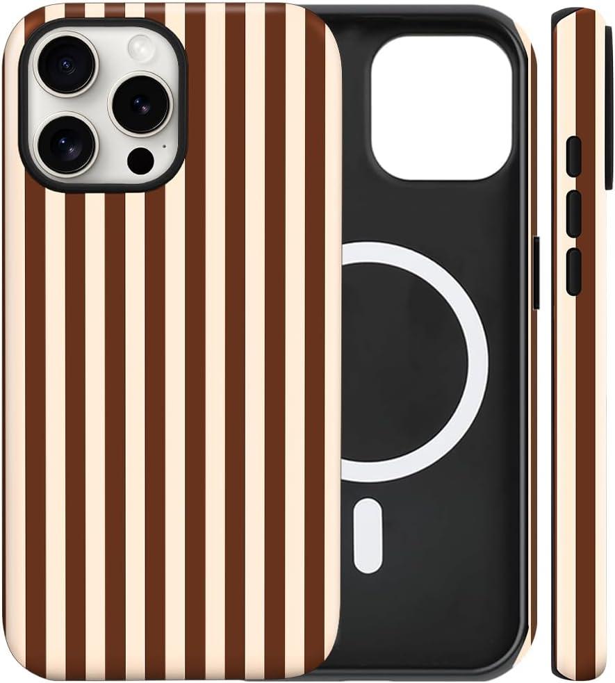 Magnetic for iPhone 14 Pro Case Cute Stripes Phone Case, Shockproof Slim TPU and Hard PC Protective Phone Cover Compatible with MagSafe Designed for Women Girls, Brown