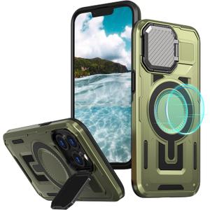 Haeuorey for iPhone 13 Pro Max & iPhone 12 Pro Max Case with Camera Cover & Stand [Compatible with MagSafe] [Built-in Kickstand] [Military-Grade Protection] Heavy Duty Magnetic Phone Case (Green)