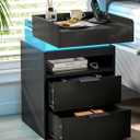 Black Nightstand with Charging Station, Hidden Sliding Top Compartment with USB-C, 2 USB Ports & 2 Outlets, Modern Night Stand with Drawers for Bedroom, 2 Drawer-Inside Charging