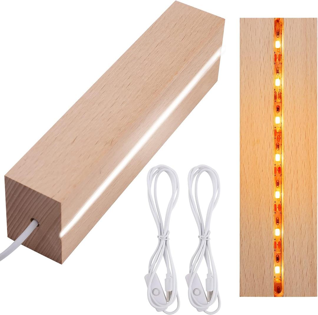 2-Piece LED Lights Display Stand - Wooden Base for DIY Acrylic Plate, Resin, Glass, Crystal Art - Warm/White Light - Square