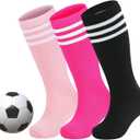 Zando Kids Soccer Socks Youth Baseball Football Softball Cotton Uniform Girls Knee High Socks (3-6 Years, Black/Hot Pink/Pink)