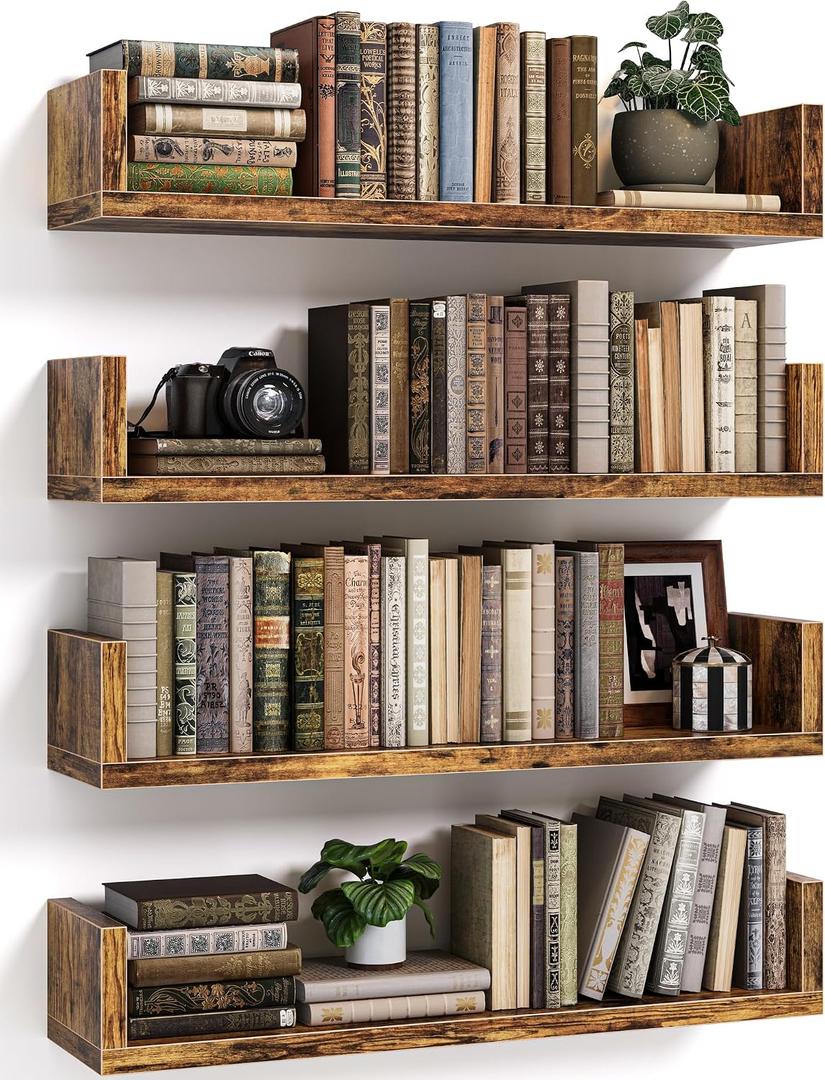 Floating Bookshelves for Wall - Wall Mounted Bookshelf Set of 4, U-Shaped Hanging Bookshelf for Bedroom, Living Room & Office, Wall Book Shelf for Home Decor & Storage (4, Rustic Brown, 17 Inches)