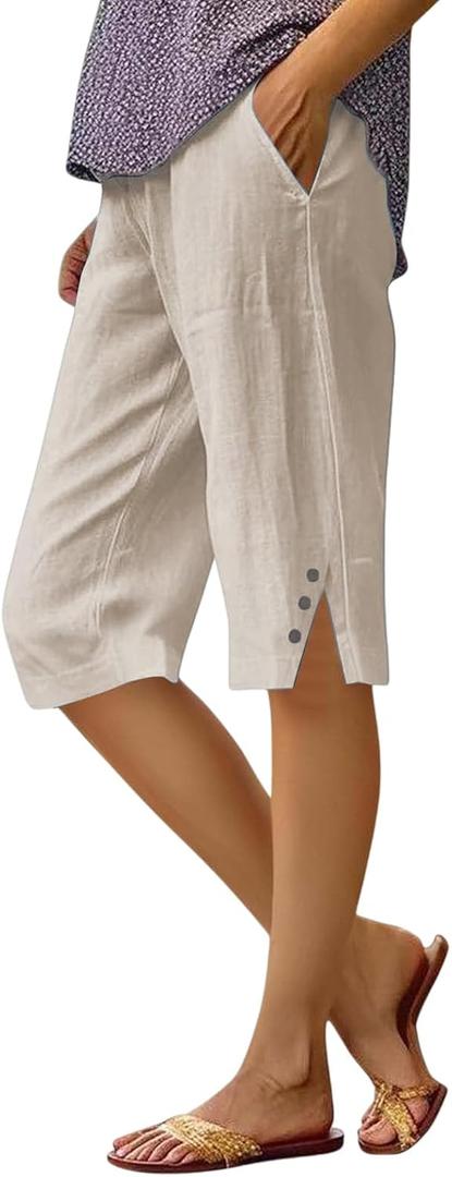 Cotton Linen Capri Pants for Women Petite Bermuda Shorts Knee Length Drawstring Pants Summer Beach Long Shorts (Beige, XL)