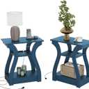 FROMJBEST End Table with Charging Station, Side Table with USB Ports and Outlets, Nightstand, 3 Tier End Table with Storage Shelf for Living Room, Bedroom, Navy Blue, Set of 2