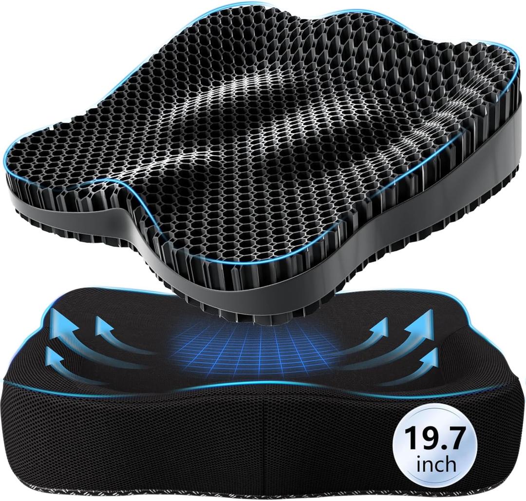 19.7in Thicken Cooling Gel Seat Cushion, Larger Gel Seat Cushion for Long Sitting Pressure Relief Seat Pad for Office Chair Egg Cushions for Car, Desk Chair, Wheelchair Cushion (Black)