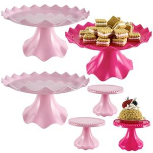 Plastic Dessert Table Display Set of 6, 3 Pcs 9 inch cake Stand, 3 Pcs 4 inch Mnini Cupcake Holder, cupcake tray, Versatile Design for Birthday, Tea Party, Wedding (Pink)