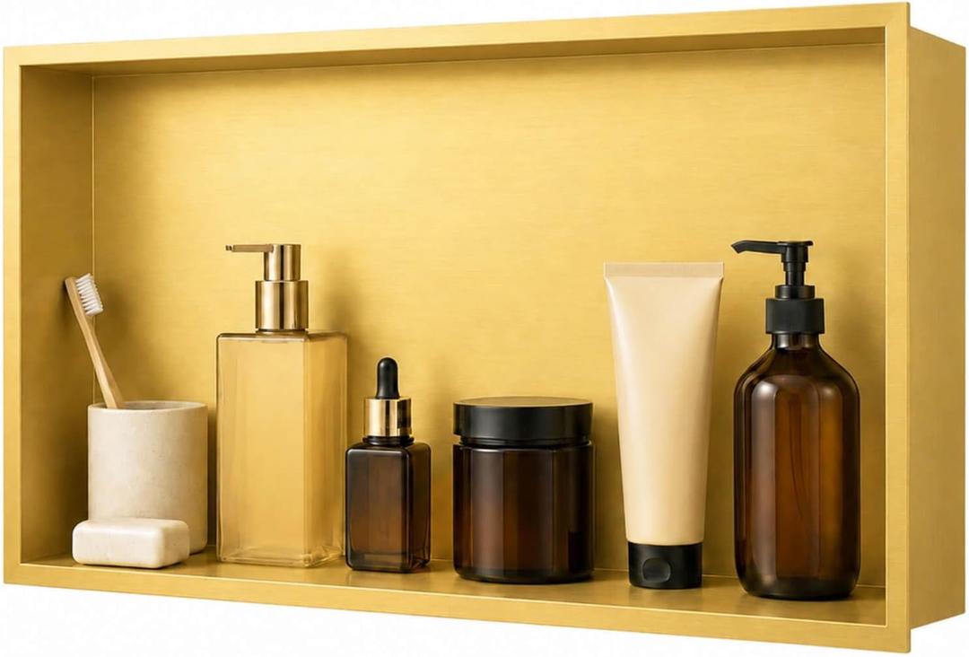 SaniteModar Stainless Steel Shower Niche Insert 16" x 28" Brushed Gold | No Tile Needed, Recessed Horizontal Bathroom Niche, Waterproof, Space-saving, Easy Setup, Built-in Storage for Bathroom