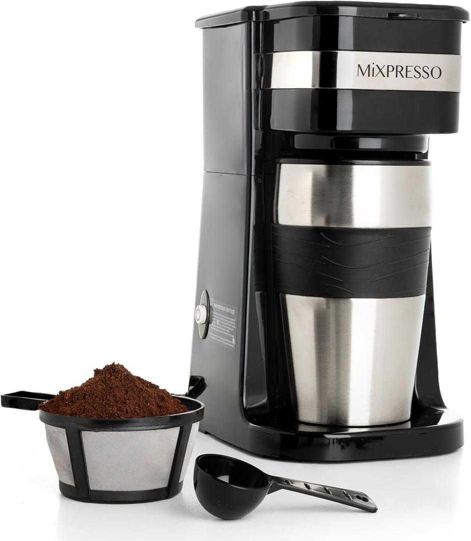 Mixpresso Personal Single Serve Coffee Maker & 14oz Travel Mug, Drip Small Coffee Maker & Tumbler, Auto Shut Off & Reusable Filter, Compatible with Coffee Grounds (Black)