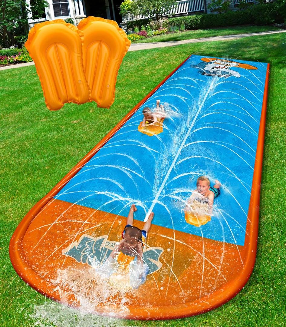 Spring Water Slip and Water Slide, 17ft *2 Lanes Slip Water Slides for Kids Backyards Ages 5-8 8-12 with Sprinkler and Inflatable Bodyboards, Summer Water Fun Toy for Outdoor Lawn Games Play (Blue)