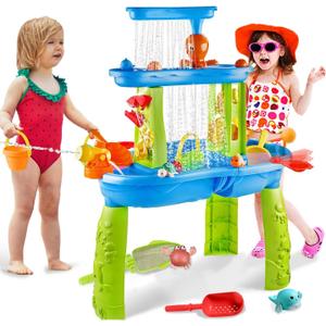 YAZ&OUZ Water Table for Toddlers 1-3, 3-Tier Kids Water Table, Water Tables for Toddlers 3-5 Features Swimming Crabs & Dolphins, Rain Showers Splash Pond, Activity Sensory Play Table for Boys Girls, 59.5x39x72.8cm